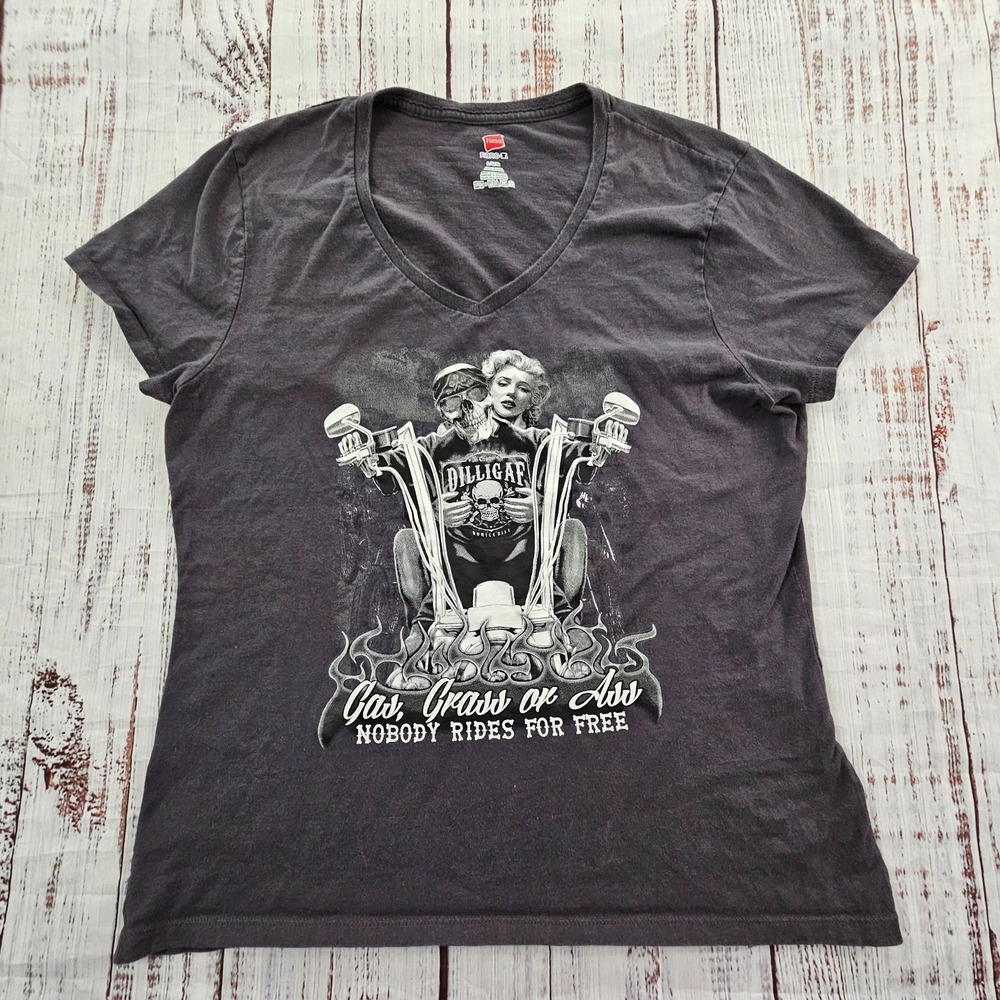 Dilligaf Nobody Rides for Free Motorcycle Skeleton Gray Cotton T-Shirt Women's L